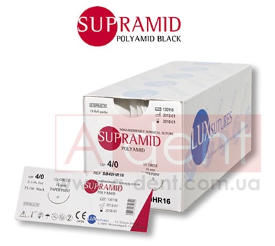 ������� ������ ������� SUPRAMID 6/0 75 cm black, reverse cutting 3/8 circle 12 mm (LUXSUTURES A.G.), SB60DS12, nonabsorbable surgical suture, polyamid black, USP 6/0 (0.7 Ph. Eur) 75 cm black, 3/8 circle 12 mm reverse cutting DS12 - 108.68 ���