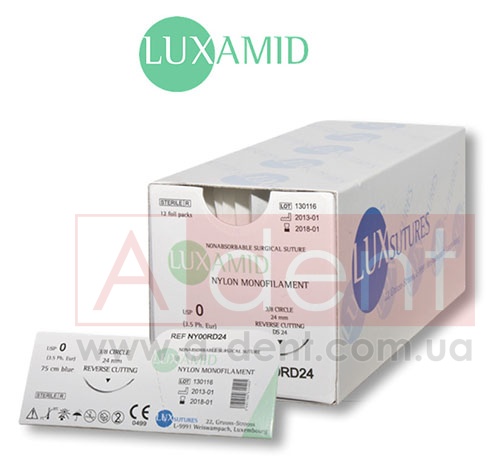 ������� ������ ������� LUXAMID 4/0 75 cm blue, reverse cutting 3/8 circle 16 mm (LUXSUTURES A.G.), NY40DS16, nonabsorbable surgical suture, nylon blue, USP 4/0 (1.5 Ph. Eur) 75 cm blue, 3/8 circle 16 mm reverse cutting DS16 - 78.00 ���