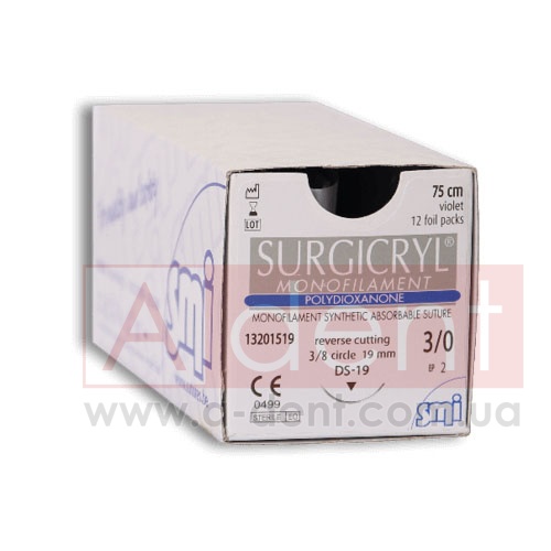 ��������� MONOFILAMENT ������ ������� SURGICRYL MONOFILAMENT 6/0 45 cm violet, reverse cutting 3/8 circle 12mm (SMI A.G.), � 13071512, polydioxanone monofilament, PDO, absorbable suture, USP 6/0 (0.7 Ph. Eur) 45cm, 3/8 circle 12mm reverse cutting DS-12 - 216.84 ���