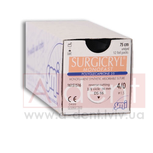 ��������� MONOFAST ������ ������� SURGICRYL MONOFAST 6/0 75 cm undyed, reverse cutting 3/8 circle 12 mm (SMI A.G.), � 16071512-75, polyglecaprone 25, synthetic absorbable suture, USP 6/0 (0.7 Ph. Eur) 75 cm undyed, 3/8 circle 12 mm reverse cutting DS12 - 201.24 ���