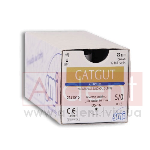������ CHROM ������ ������� CATGUT CHROM 4/0 75 cm brown, reverse cutting 3/8 circle 19 mm (SMI A.G.), � 2201519, absorbable surgical suture, USP 4/0 (2 Ph. Eur) 75 cm brown, 3/8 circle 19 mm reverse cutting DS-19 - 121.16 ���