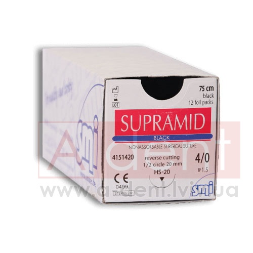 �������� ������ �������� SUPRAMID 4/0 45 cm black, reverse cutting 3/8 circle 19 mm (SMI A.G.), � 4151519, nonabsorbable surgical suture, polyamid black, USP 4/0 (1.5 Ph. Eur) 45 cm black, 3/8 circle 19 mm reverse cutting DS-19 - 108.68 ���