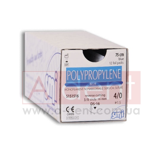 ���������� ������ ������� POLYPROPYLENE 5/0 75 cm blue, reverse cutting 3/8 circle 19 mm (SMI A.G.), � 5101519, monofilament nonabsorbable surgical suture, polypropylene, USP 5/0 (1 Ph. Eur) 75 cm blue, 3/8 circle 19 mm reverse cutting DS-19 - 95.68 ���
