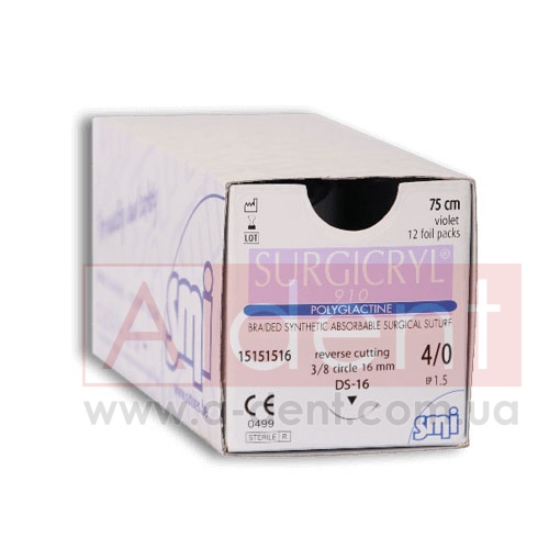 ��������� 910 ������ ������� SURGICRYL 910 5/0 75 cm violet, reverse cutting 3/8 circle 19 mm (SMI A.G.), � 15101519, braided synthetic absorbable surgical suture, polyglactine 910, USP 5/0 (1 Ph. Eur) 75 cm violet, 3/8 circle 19 mm DS-19 - 225.68 ���
