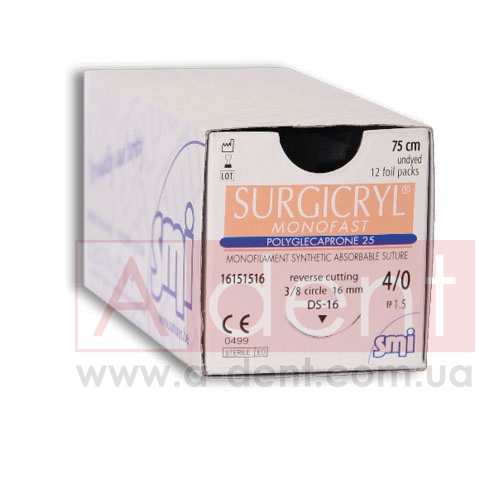 ��������� MONOFAST ������ ������� SURGICRYL MONOFAST 4/0 75 cm violet, reverse cutting 3/8 circle 16 mm (SMI A.G.), � 16151516V, polyglecaprone 25, synthetic absorbable suture, USP 4/0 (1.5 Ph. Eur) 75 cm violet, 3/8 circle 16 mm reverse cutting DS-16 - 251.68 ���